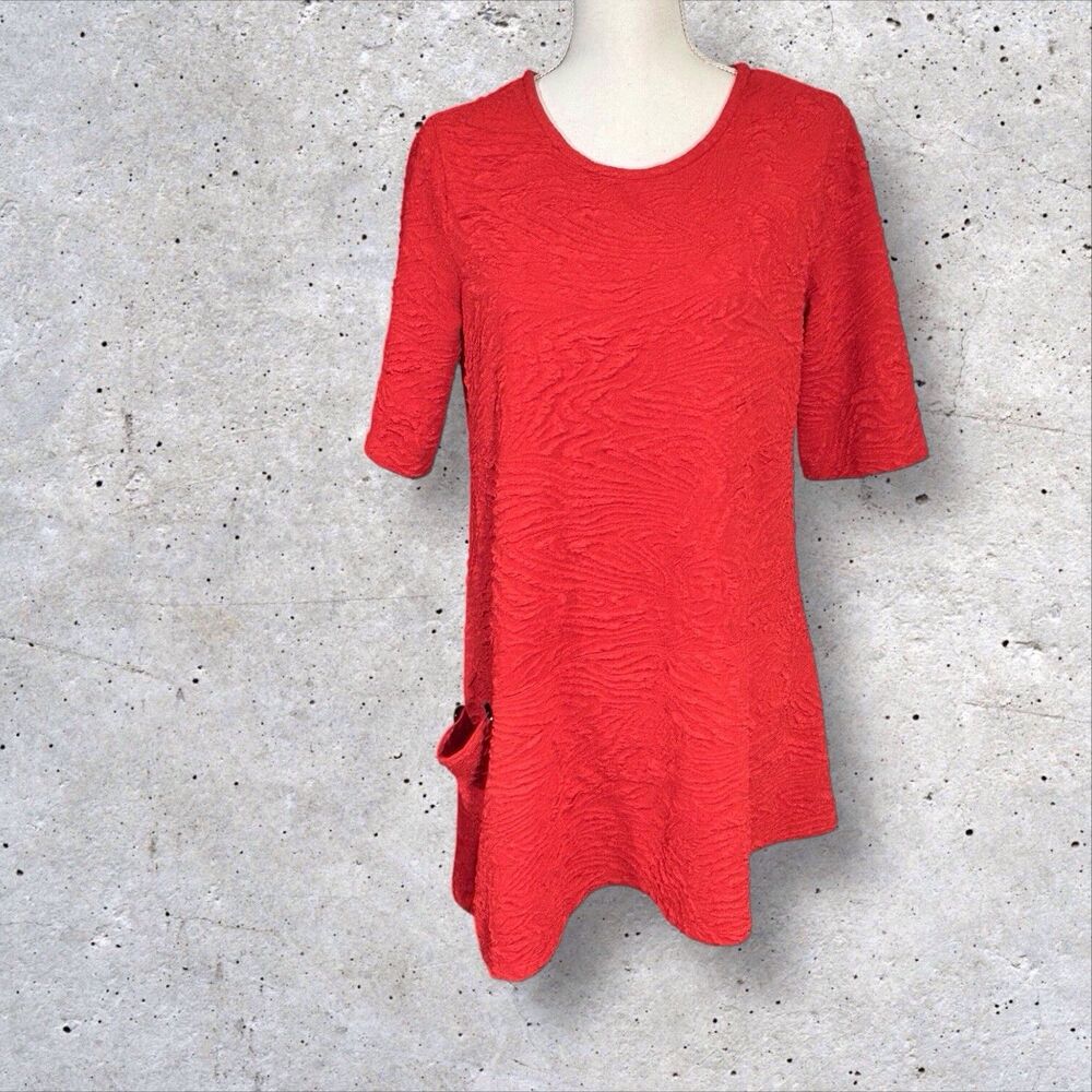 Ali Miles Textured Tunic Top Short Sleeve Stretchy Pocket Red Women’s Small